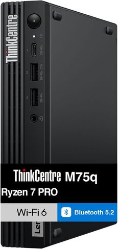 كمبيوتر سطح المكتب الصغير Lenovo ThinkCentre M75q Business (AMD Ryzen 7 PRO 8700GE، 64GB DDR5، 512GB PCIe SSD، WiFi 6، Bluetooth 5.2، 90W PSU، RJ-45، 1 Display Port، HDMI، Win 11 Pro) مع قاعدة توصيل USB-C in Kuwait