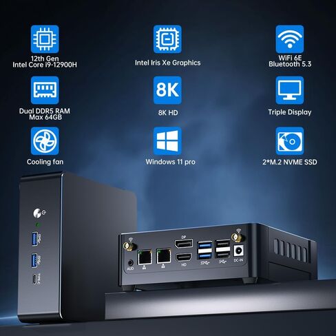 Thdeukoty Mini PC i9-12900H 14C/20T، 64G DDR5 RAM 1T SSD، كمبيوتر مكتبي صغير Windows 11 Pro (TPM2.0)، شاشة ثلاثية DP/HDMI/Type-C، WiFi 6E Bluetooth5.3 للمنزل/الأعمال in Kuwait