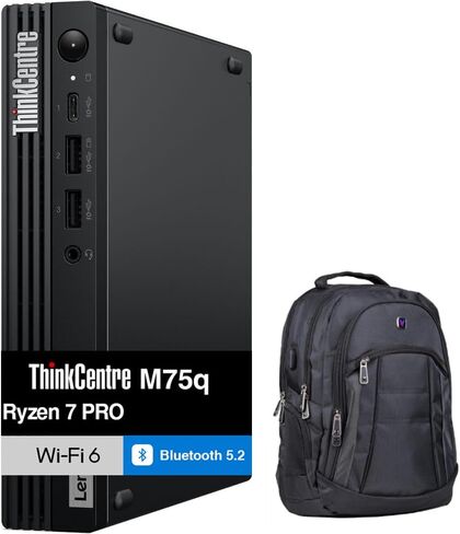 سطح المكتب الصغير Lenovo ThinkCentre M75q Business (AMD Ryzen 7 PRO 8700GE، 16GB DDR5، 1TB PCIe SSD، WiFi 6، Bluetooth 5.2، 90W PSU، RJ-45، 1 Display Port، HDMI، Win 11 Pro) مع حقيبة ظهر مميزة in Kuwait