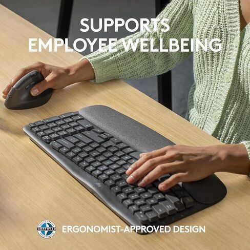 Logitech Wave Keys for Business، لوحة مفاتيح لاسلكية مريحة مع مسند راحة اليد مبطن، تقنية Logi Bolt الآمنة، بلوتوث، متوافقة مع Windows/Mac/Chrome/Linux - جرافيت (متجدد) in Kuwait