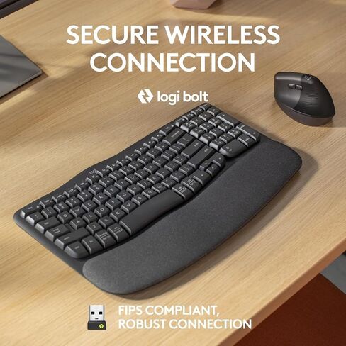 Logitech Wave Keys for Business، لوحة مفاتيح لاسلكية مريحة مع مسند راحة اليد مبطن، تقنية Logi Bolt الآمنة، بلوتوث، متوافقة مع Windows/Mac/Chrome/Linux - جرافيت (متجدد) in Kuwait