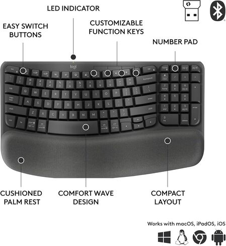 Logitech Wave Keys for Business، لوحة مفاتيح لاسلكية مريحة مع مسند راحة اليد مبطن، تقنية Logi Bolt الآمنة، بلوتوث، متوافقة مع Windows/Mac/Chrome/Linux - جرافيت (متجدد) in Kuwait