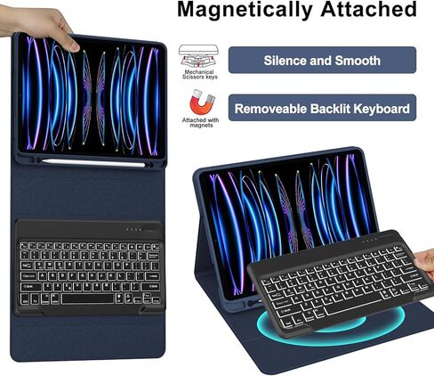 D DINGRICH iPad Pro 12.9 Inch (6/5/4th Gen) Case with Keyboard - Magnetic Rechargeable 7 Color Backlit Removeable Keyboard, Folio Leather Cover with Pencil Holder for iPad Pro 12.9'', Blue in Kuwait