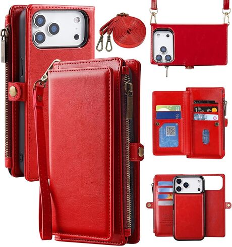 حافظة محفظة MInCYB لهاتف iPhone 17 Pro، [متوافقة مع Magsafe] [مغناطيسي قابل للفصل] [RFID Blocking] حافظة جلدية PU مع حامل بطاقة وحزام كروس للنساء والرجال، أحمر in Kuwait