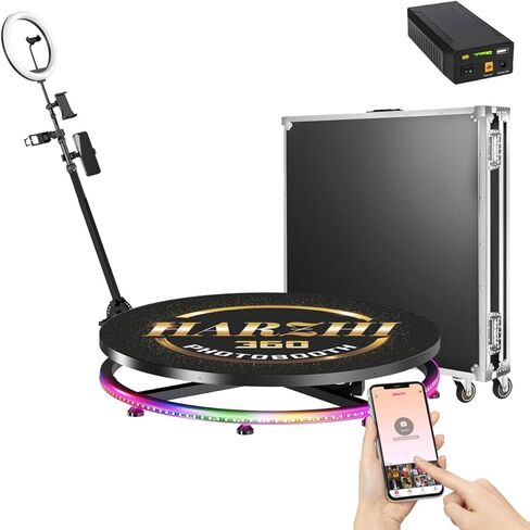 كشك صور HARZHI 360 درجة مع حقيبة طيران، آلة كشك صور 360 درجة لحفلات عيد الميلاد وحفلات الزفاف، تطبيق برمجي للتحكم عن بعد ملحقات الدوران التلقائي (100 سم/39.4 بوصة + حقيبة طيران) in Kuwait