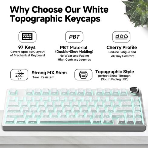 Aesthetic Shine Though PBT White Keycaps, Long Lasting and No Fade, Fit Upto 98% Layout (97 Key caps) Modern Topographic Keycaps for Mechanical Keyboard - Ergonomic (Doubleshot, MX, Cherry) in Saudi Arabia
