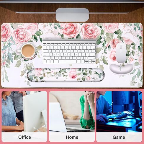 MOSISO Wrist Rest for Keyboard Mouse Pad Set, Large Gaming Deskpad&Circle Curved Mousepad&Keyboard Wrist Rest&Coaster, Ergonomic Non-Slip Mousepad with Curved Memory Foam, Vividness Roses in Saudi Arabia