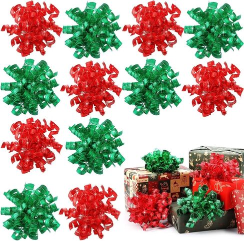 12 Pcs 5.5 Inch Large Christmas Bows for Gift Wrapping Metallic Curly Ribbon Bows Self-Adhesive for Presents Christmas Tree Holiday Party Treat Bags (Gold,Silver,Red) in Saudi Arabia