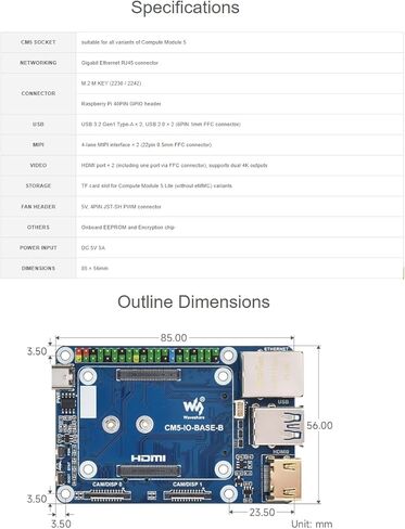 Waveshare Mini Base Board (B) متوافق مع Raspberry Pi Compute Module 5، مناسب لتقييم Raspberry Pi CM5 أو دمجه في المنتجات النهائية in Saudi Arabia