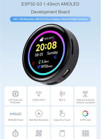 Waveshare ESP32-S3 لوحة تطوير شاشة AMOLED مقاس 1.43 بوصة، دقة 466 × 466 16.7 مليون لون سعوية تعمل باللمس AMOLED شاشة مستديرة تدعم 2.4 جيجا هرتز WiFi وBluetooth BLE 5 in Saudi Arabia