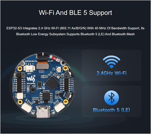Waveshare ESP32-S3 لوحة تطوير شاشة AMOLED مقاس 1.43 بوصة، دقة 466 × 466 16.7 مليون لون سعوية تعمل باللمس AMOLED شاشة مستديرة تدعم 2.4 جيجا هرتز WiFi وBluetooth BLE 5 in Saudi Arabia