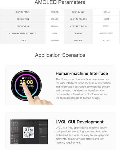 Waveshare ESP32-S3 لوحة تطوير شاشة AMOLED مقاس 1.43 بوصة، دقة 466 × 466 16.7 مليون لون سعوية تعمل باللمس AMOLED شاشة مستديرة تدعم 2.4 جيجا هرتز WiFi وBluetooth BLE 5 in Saudi Arabia