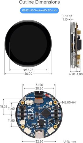 Waveshare ESP32-S3 لوحة تطوير شاشة AMOLED مقاس 1.43 بوصة، دقة 466 × 466 16.7 مليون لون سعوية تعمل باللمس AMOLED شاشة مستديرة تدعم 2.4 جيجا هرتز WiFi وBluetooth BLE 5 in Saudi Arabia