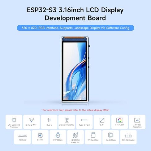 Waveshare ESP32-S3 3.16inch Display Development Board, 320×820 Pixels, 262K Color, 32-bit LX7 Dual-core Processor, Up to 240MHz Frequency, WiFi & Bluetooth 5, Accelerometer and Gyroscope Sensor in Saudi Arabia