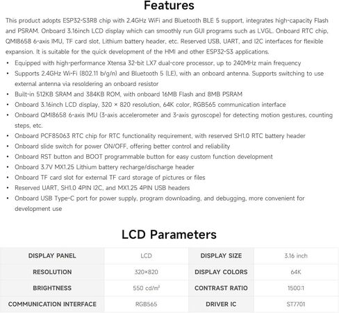 Waveshare ESP32-S3 3.16inch Display Development Board, 320×820 Pixels, 262K Color, 32-bit LX7 Dual-core Processor, Up to 240MHz Frequency, WiFi & Bluetooth 5, Accelerometer and Gyroscope Sensor in Saudi Arabia