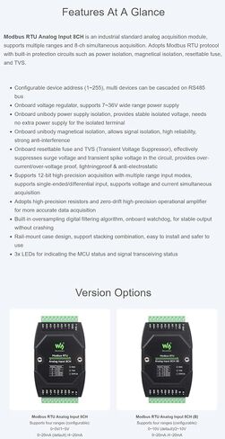 Industrial 8-Ch Analog Acquisition Module, 12-Bit High-Precision, Current Voltage Acquisition, DC 7~36V Wide Voltage Power Supply, 8-ch Current Mode, 0~20mA @XYGStudy (Modbus RTU Analog Input 8CH) in Saudi Arabia