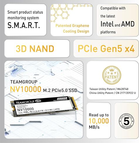 TEAMGROUP NV10000 2TB SLC Cache NVMe PCIe 5.0 Gen5x4 M.2 2280 كمبيوتر محمول سطح المكتب SSD سرعة قراءة/كتابة تصل إلى 10000 / 8500 ميجابايت/ثانية TM8FGP002T0C101 in Saudi Arabia