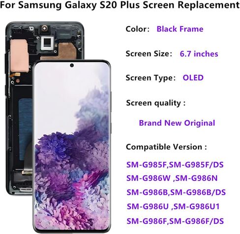 شاشة OLED بديلة لهاتف Samsung Galaxy S20 Plus 5G LCD لهاتف Galaxy S20Plus SM-G986U SM-G986B مجموعة رقمية تعمل باللمس تدعم بصمة الإصبع (مع إطار أسود + فيلم ناعم + أدوات) in Saudi Arabia