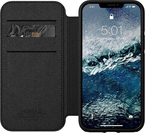 Nomad Rugged Folio Wallet Phone Case for iPhone 12 Pro - MagSafe Compatible, 10ft. Drop Protection, Horween Leather - Black in Saudi Arabia