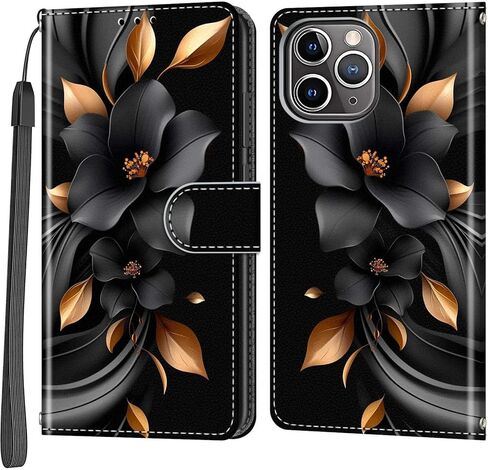 حافظة محفظة لهاتف iPhone 12 Pro Max، [مسند] حامل 3 بطاقات [غلاف داخلي من مادة TPU مقاوم للصدمات]، غطاء قلاب واقٍ مغناطيسي من جلد البولي يوريثان مقاس 6.7 بوصات، زهرة سوداء in Kuwait