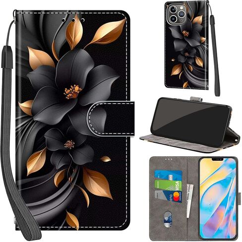 حافظة محفظة لهاتف iPhone 12 Pro Max، [مسند] حامل 3 بطاقات [غلاف داخلي من مادة TPU مقاوم للصدمات]، غطاء قلاب واقٍ مغناطيسي من جلد البولي يوريثان مقاس 6.7 بوصات، زهرة سوداء in Kuwait