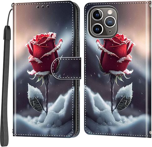 حافظة محفظة لهاتف iPhone 12 Pro Max، [مسند] حامل 3 بطاقات [غلاف داخلي من مادة TPU مقاوم للصدمات]، غطاء قلاب واقٍ مغناطيسي من جلد البولي يوريثان مقاس 6.7 بوصات، زهرة سوداء in Kuwait