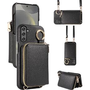 Wallet Case for Samsung Galaxy S25 Plus S25+ 5G Shoulder Strap Ring Buckle, Luxury PU Leather Zipper Flip Organ Purse Card Holder Stand Full Body Cell Phone Cover for S25Plus 25S 25+ Rose Gold in Kuwait