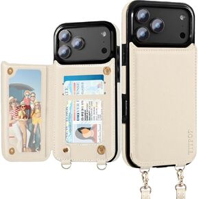 for iPhone 17 Pro Max Wallet Case with Card Holder, RFID Blocking PU Leather Flip Case with Crossbody Lanyard Strap Protection Shockproof Cover, Beige in Saudi Arabia