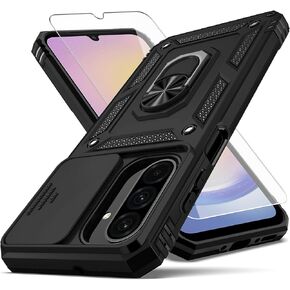 for Samsung Galaxy A17 5G Phone Case,with Camera Lens Cover HD Screen Protector,[Military Grade] Ring Car Mount Kickstand Hybrid Hard PC Soft TPU Shockproof Protective Case for Galaxy A17 5G, Black in Kuwait