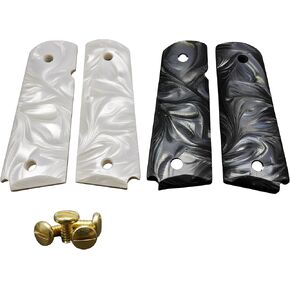 (1) Black (1) White Set of 1911 Pearl Gun Grips Compatible Replacement for Colt Gov. & Clones Taurus, S&W, Springfield, Rock Island Mother of Pearl Full Size Premium Gun Grips Bonus 4 Gold Screws in Saudi Arabia
