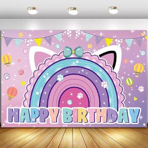Cartoon Cat Theme Happy Birthday Photography Backdrop, 5x3ft Rainbow Background Photo Booth Banner Props for Kids Girls Boys Birthday Baby Shower Holiday Party Decorations Supplies in Saudi Arabia