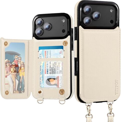 for iPhone 17 Pro Max Wallet Case with Card Holder, RFID Blocking PU Leather Flip Case with Crossbody Lanyard Strap Protection Shockproof Cover, Beige in Saudi Arabia