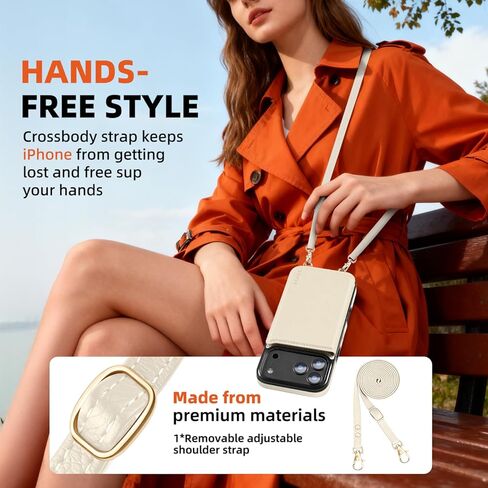 for iPhone 17 Pro Max Wallet Case with Card Holder, RFID Blocking PU Leather Flip Case with Crossbody Lanyard Strap Protection Shockproof Cover, Beige in Saudi Arabia
