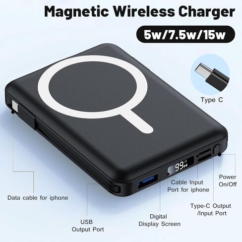 Azmuth لشاحن MagSafe المحمول، بنك طاقة مغناطيسي 10000 مللي أمبير في الساعة مع شاشة LED للشحن السريع 20 وات PD USB-C لحزمة بطارية MagSafe، شاحن سفر مغناطيسي لسلسلة iPhone 17/16/15/14/13/12 in Kuwait