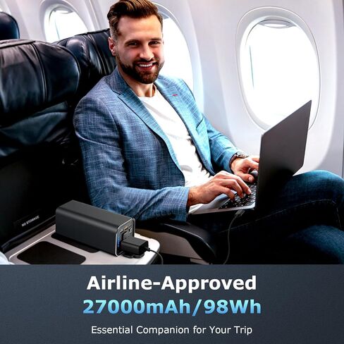 بنك طاقة محمول، شاحن كمبيوتر محمول بمنفذ تيار متردد بقدرة 100 وات، سعة عالية 98 وات/27000 مللي أمبير في الساعة مع بطارية كمبيوتر محمول USB C بقدرة 65 وات PD، مصدر طاقة احتياطي لسفر العمل والأنشطة الخارجية in Saudi Arabia