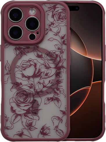 XIZYO Magnetic Case for iPhone 15 Pro Max, Floral Flower Cute Aesthetic Case [Compatible with Magsafe] for Women Girls Rose Pattern Slim TPU Bumper Shockproof Protective Cover, Branch Rose/Wine Red in Saudi Arabia
