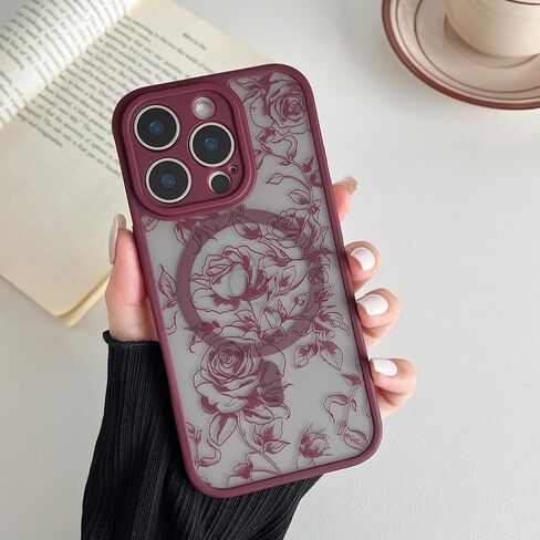 XIZYO Magnetic Case for iPhone 15 Pro Max, Floral Flower Cute Aesthetic Case [Compatible with Magsafe] for Women Girls Rose Pattern Slim TPU Bumper Shockproof Protective Cover, Branch Rose/Wine Red in Saudi Arabia