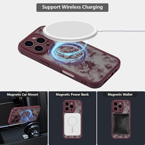 XIZYO Magnetic Case for iPhone 15 Pro Max, Floral Flower Cute Aesthetic Case [Compatible with Magsafe] for Women Girls Rose Pattern Slim TPU Bumper Shockproof Protective Cover, Branch Rose/Wine Red in Saudi Arabia