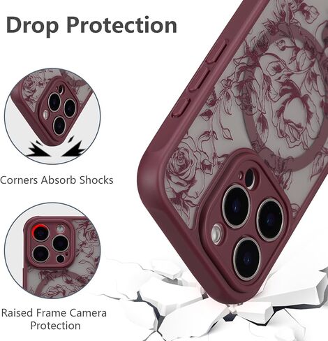 XIZYO Magnetic Case for iPhone 15 Pro Max, Floral Flower Cute Aesthetic Case [Compatible with Magsafe] for Women Girls Rose Pattern Slim TPU Bumper Shockproof Protective Cover, Branch Rose/Wine Red in Saudi Arabia