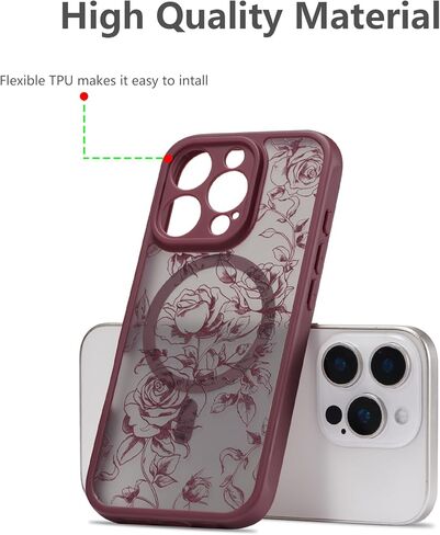 XIZYO Magnetic Case for iPhone 15 Pro Max, Floral Flower Cute Aesthetic Case [Compatible with Magsafe] for Women Girls Rose Pattern Slim TPU Bumper Shockproof Protective Cover, Branch Rose/Wine Red in Saudi Arabia