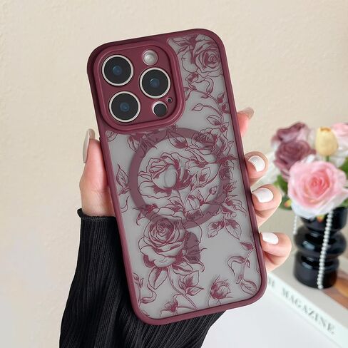 XIZYO Magnetic Case for iPhone 15 Pro Max, Floral Flower Cute Aesthetic Case [Compatible with Magsafe] for Women Girls Rose Pattern Slim TPU Bumper Shockproof Protective Cover, Branch Rose/Wine Red in Saudi Arabia