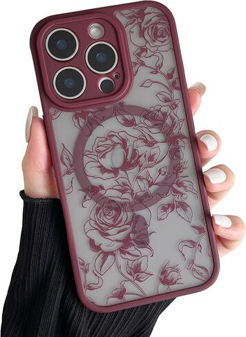 XIZYO Magnetic Case for iPhone 15 Pro Max, Floral Flower Cute Aesthetic Case [Compatible with Magsafe] for Women Girls Rose Pattern Slim TPU Bumper Shockproof Protective Cover, Branch Rose/Wine Red in Saudi Arabia