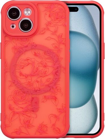 XIZYO Magnetic Case for iPhone 15 Pro Max, Floral Flower Cute Aesthetic Case [Compatible with Magsafe] for Women Girls Rose Pattern Slim TPU Bumper Shockproof Protective Cover, Branch Rose/Wine Red in Saudi Arabia