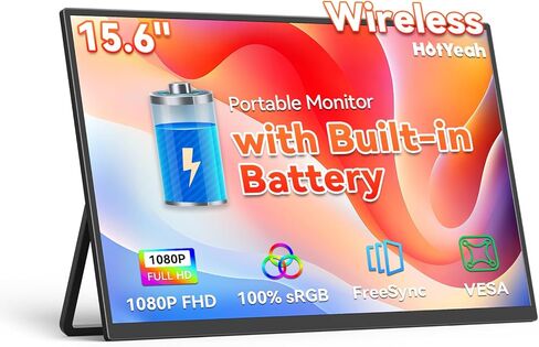شاشة HotYeah مقاس 15.6 بوصة محمولة مع لاسلكية (AirPlay/Miracast)، USB-C/HDMI، بطارية 4000 مللي أمبير في الساعة، حامل قابل للطي، شاشة ثانية لأجهزة الكمبيوتر المحمول/Mac/PC/الهاتف/Steam Deck in Kuwait
