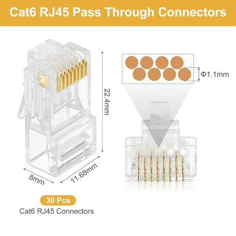 MECCANIXITY 30 قطعة Cat6 RJ45 تمر عبر الموصلات، موصل تجعيد RJ45 8P8C مقابس مطلية بالذهب لكابل إيثرنت UTP الصلب أو المجدولة in Kuwait