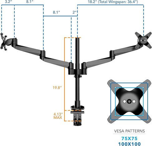 Mount-It! CLiX Dual Monitor Desk Mount Full Motion Arms, TAA-Compliant, Monitor Mounts for 2 Monitors 13-32" up to 19.8 lbs Each, VESA 75 100, C-Clamp Grommet, Premium Aluminum Dual Monitor Arm, Black in Saudi Arabia
