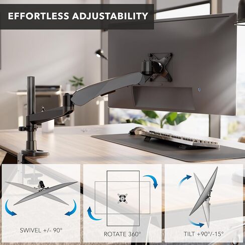 Mount-It! CLiX Series Single Monitor Desk Mount Gas Spring Arm, TAA-Compliant Computer Monitor Mount, 13-32" up to 19.8 lbs, VESA 75 100, Full Motion, Premium Aluminum, Clamp Grommet, Black in Saudi Arabia