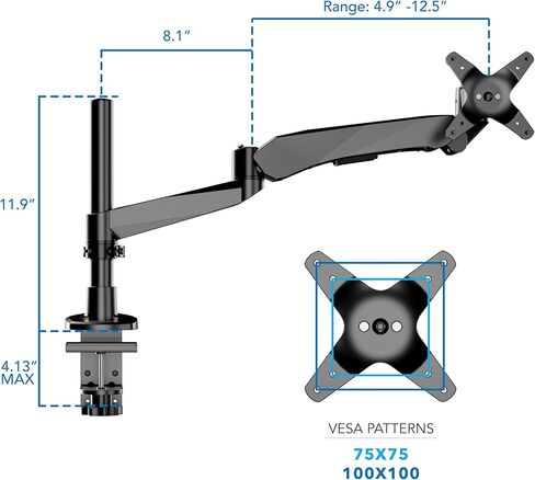 Mount-It! CLiX Series Single Monitor Desk Mount Gas Spring Arm, TAA-Compliant Computer Monitor Mount, 13-32" up to 19.8 lbs, VESA 75 100, Full Motion, Premium Aluminum, Clamp Grommet, Black in Saudi Arabia