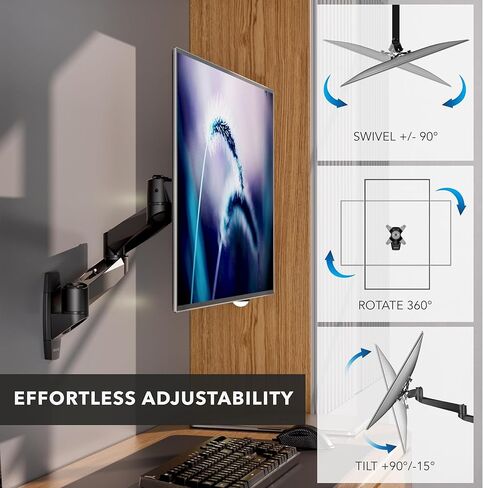 Mount-It! CLiX Series Single Monitor Wall Mount Full Motion Articulating Arm, TAA-Compliant, Fits 13-34" Screens up to 30 lbs, VESA 75 & 100, Premium Aluminum, Precision Control, Space-Saving, Black in Saudi Arabia