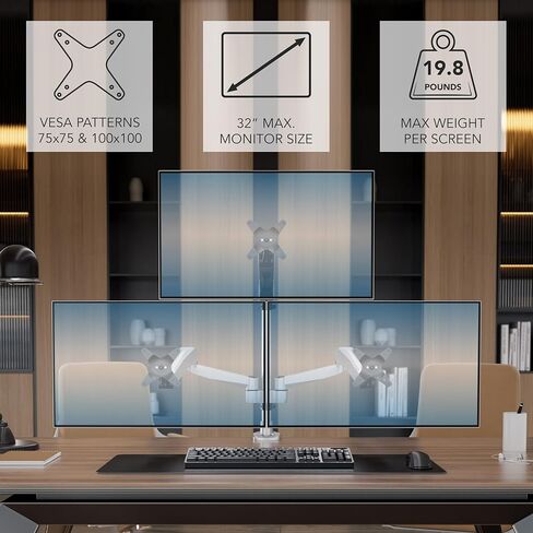 Mount-It! CLiX Triple Monitor Mount Pyramid Desk Stand, TAA-Compliant, Gas Spring 3 Monitor Desk Mount Fits 13-32" up to 19.8 lbs Each, VESA 75x75 100x100, Full Motion, 2+1 Configuration, Aluminum in Saudi Arabia